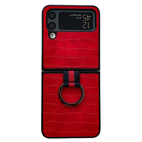 For Samsung Galaxy Z Flip4 5G Crocodile Texture Phone Case Leather Coated PC Folding Cover with Metal Finger Ring - Red - 1