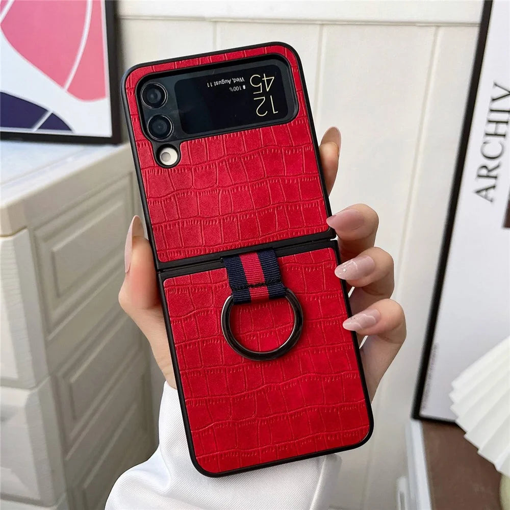 For Samsung Galaxy Z Flip4 5G Crocodile Texture Phone Case Leather Coated PC Folding Cover with Metal Finger Ring - Red - 2