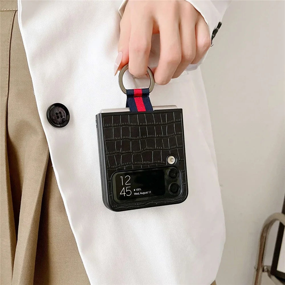 For Samsung Galaxy Z Flip4 5G Crocodile Texture Phone Case Leather Coated PC Folding Cover with Metal Finger Ring - Red - 3