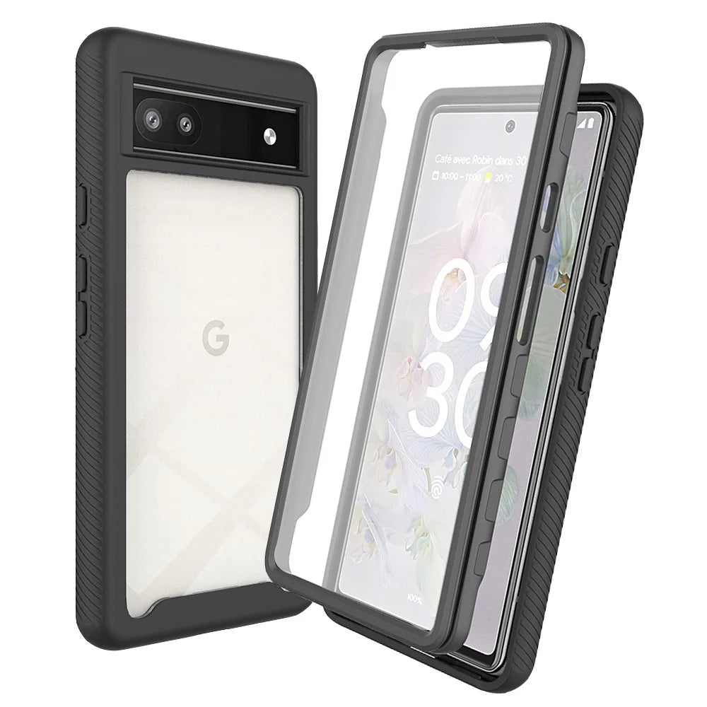 For Google Pixel 6a 3-in-1 Anti-drop Phone Case Hard PC + Soft TPU Hybrid Back Cover with PET Screen Protector - Black - 1