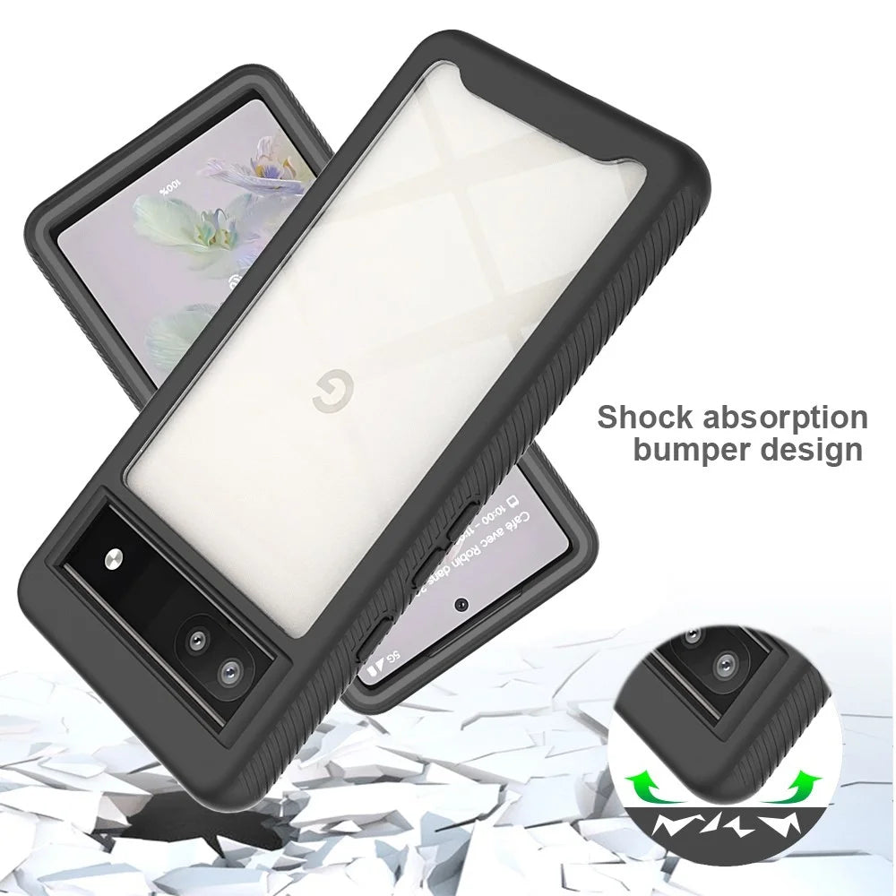 For Google Pixel 6a 3-in-1 Anti-drop Phone Case Hard PC + Soft TPU Hybrid Back Cover with PET Screen Protector - Black - 2