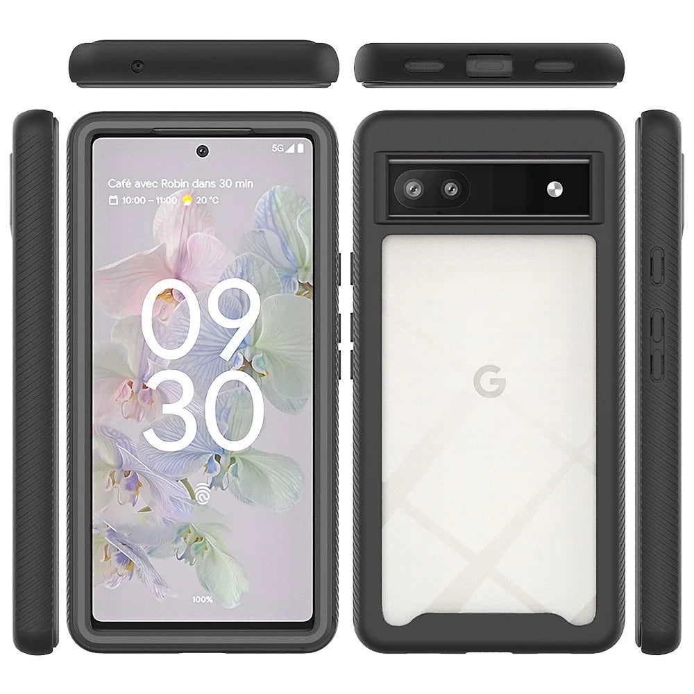 For Google Pixel 6a 3-in-1 Anti-drop Phone Case Hard PC + Soft TPU Hybrid Back Cover with PET Screen Protector - Black - 5