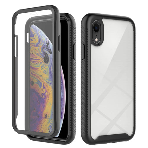 For iPhone XR 6.1 inch 3-in-1 Anti-scratch Phone Case Hard PC + Soft TPU Drop-proof Mobile Phone Hybrid Cover with PET Screen Protector - Black - 1