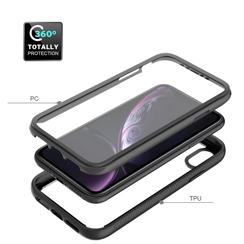 For iPhone XR 6.1 inch 3-in-1 Anti-scratch Phone Case Hard PC + Soft TPU Drop-proof Mobile Phone Hybrid Cover with PET Screen Protector - Black - 3