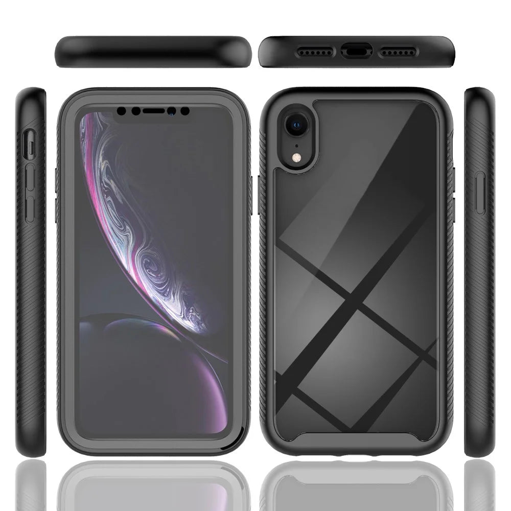 For iPhone XR 6.1 inch 3-in-1 Anti-scratch Phone Case Hard PC + Soft TPU Drop-proof Mobile Phone Hybrid Cover with PET Screen Protector - Black - 6