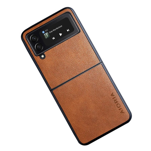 AIORIA For Samsung Galaxy Z Flip4 5G Textured PU Leather Coated PC+TPU Phone Case Anti-scratch Protective Cover - Brown - 1