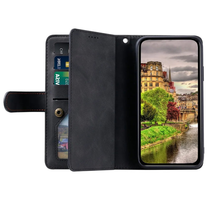 For iPhone 14 Pro Max 6.7 inch Cellphone Shell, Zipper Pocket Design 9 Card Slots PU Leather Case Magnetic Closure Stand Wallet Cover with Strap - Black - 2