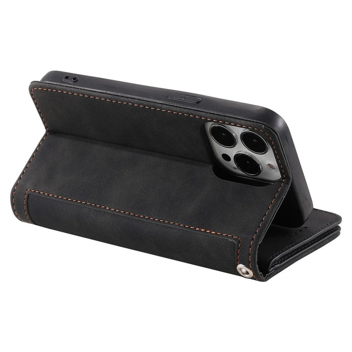 For iPhone 14 Pro Max 6.7 inch Cellphone Shell, Zipper Pocket Design 9 Card Slots PU Leather Case Magnetic Closure Stand Wallet Cover with Strap - Black - 4