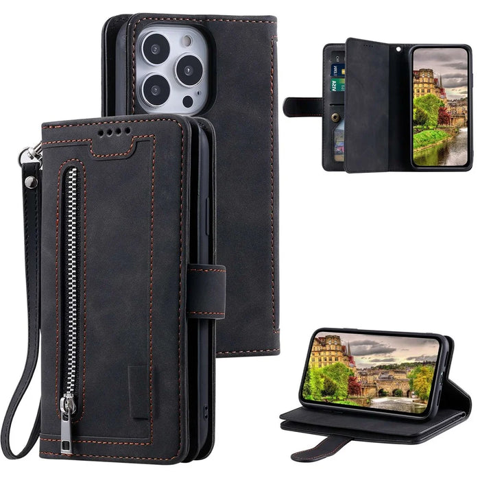 For iPhone 14 Pro Max 6.7 inch Cellphone Shell, Zipper Pocket Design 9 Card Slots PU Leather Case Magnetic Closure Stand Wallet Cover with Strap - Black - 7