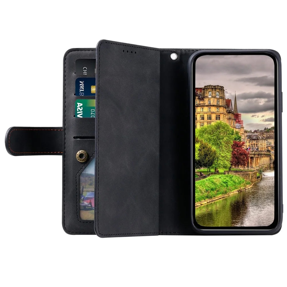 For iPhone 14 Plus Zipper Pocket Design 9 Card Slots Shockproof PU Leather Case Magnetic Closure Stand Wallet Cover with Strap - Black - 2