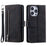 For iPhone 14 Pro 6.1 inch Zipper Pocket Design PU Leather 9 Card Slots Case Magnetic Closure Hands-free Stand Wallet Cover with Strap - Black - 1