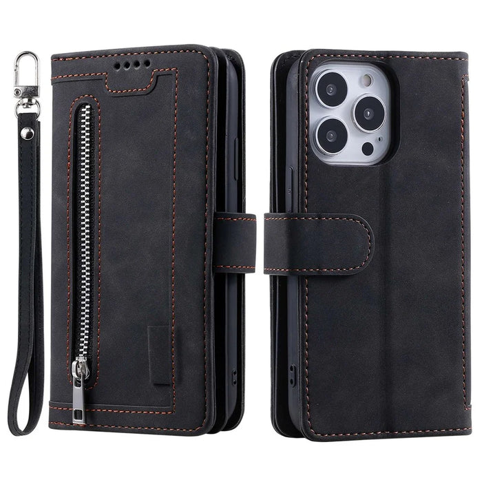 For iPhone 14 Pro 6.1 inch Zipper Pocket Design PU Leather 9 Card Slots Case Magnetic Closure Hands-free Stand Wallet Cover with Strap - Black - 1