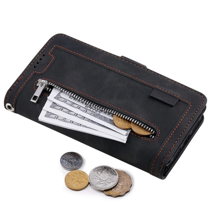 For iPhone 14 Pro 6.1 inch Zipper Pocket Design PU Leather 9 Card Slots Case Magnetic Closure Hands-free Stand Wallet Cover with Strap - Black - 5