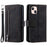 For iPhone 14 6.1 inch Zipper Pocket Design 9 Card Slots PU Leather Case Magnetic Closure Stand Wallet Cover with Strap - Black - 1