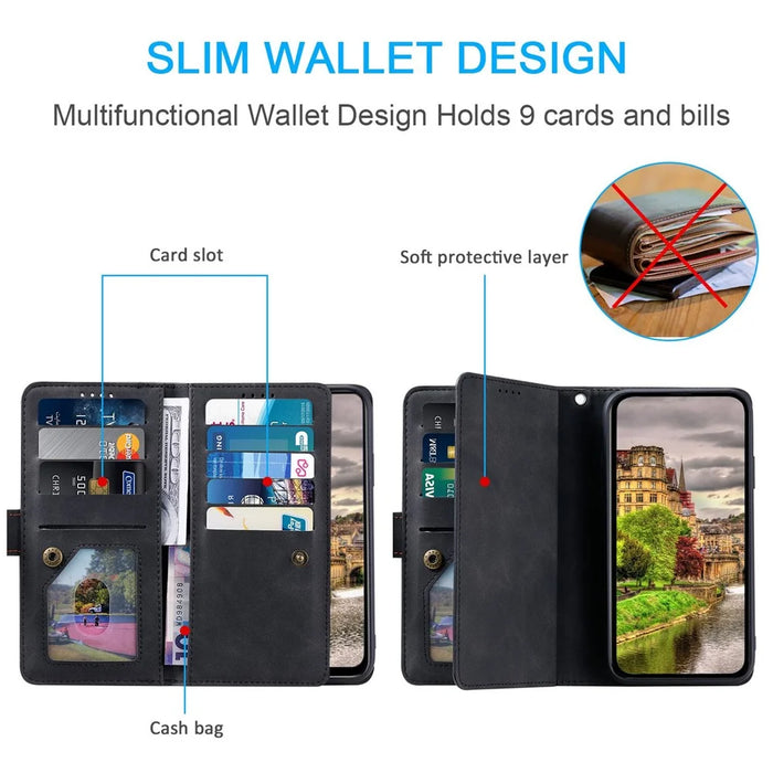 For iPhone 14 6.1 inch Zipper Pocket Design 9 Card Slots PU Leather Case Magnetic Closure Stand Wallet Cover with Strap - Black - 6
