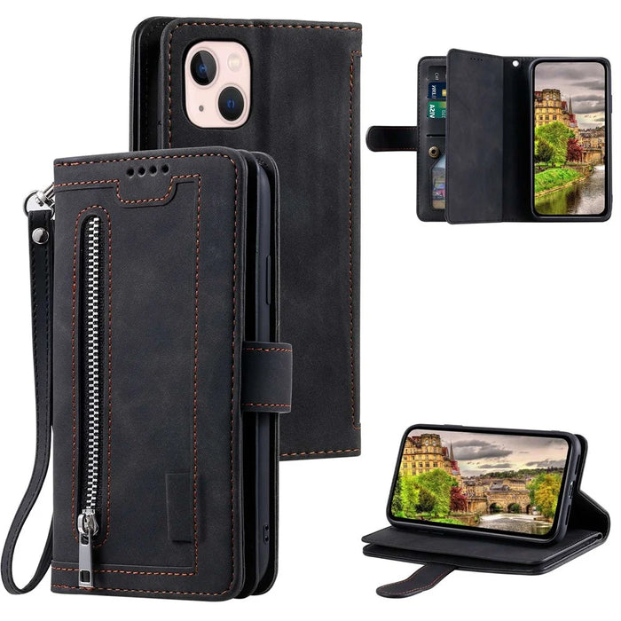 For iPhone 14 6.1 inch Zipper Pocket Design 9 Card Slots PU Leather Case Magnetic Closure Stand Wallet Cover with Strap - Black - 7