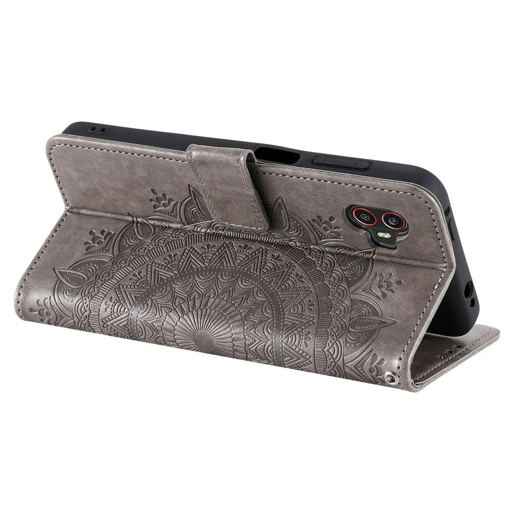 For Samsung Galaxy Xcover6 Pro 5G Mandala Flower Pattern Imprinted Full Protection Wallet Case PU Leather Phone Stand Cover - Grey - 4