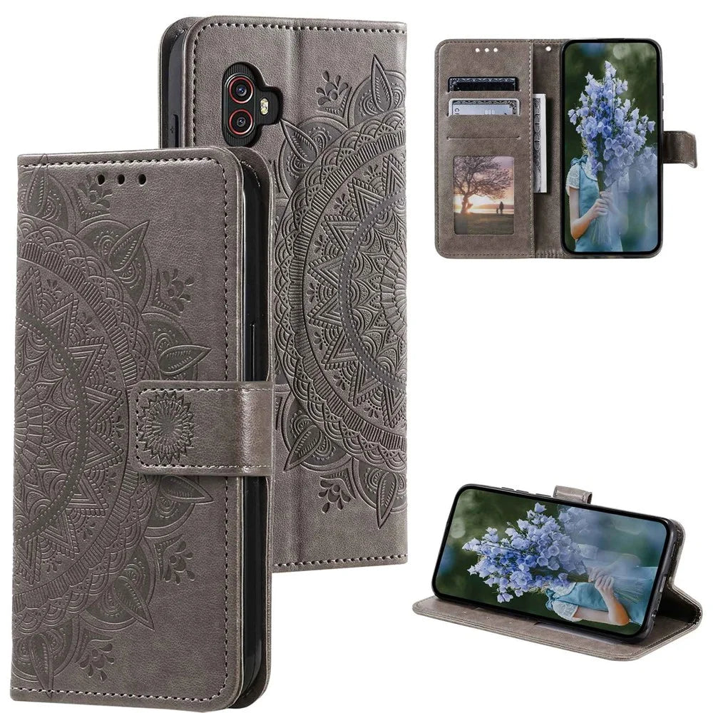 For Samsung Galaxy Xcover6 Pro 5G Mandala Flower Pattern Imprinted Full Protection Wallet Case PU Leather Phone Stand Cover - Grey - 5