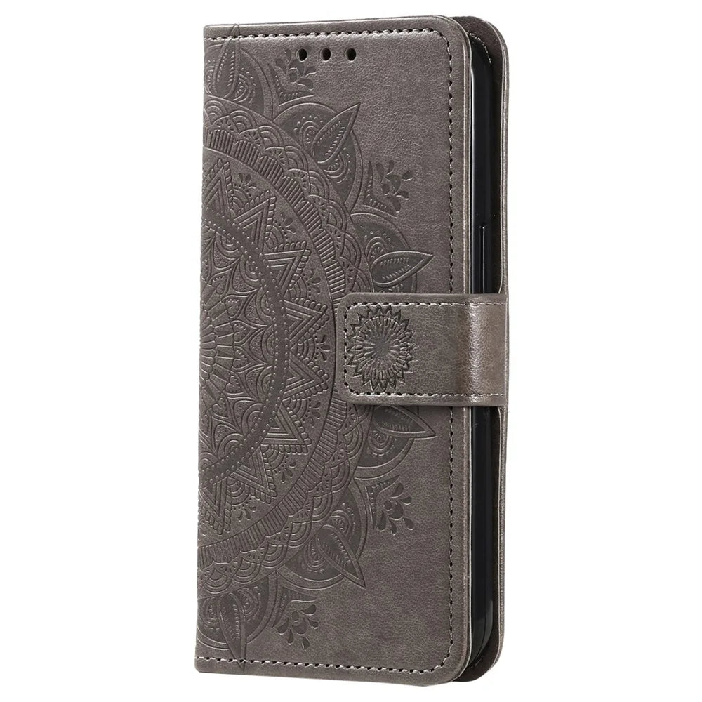 For Samsung Galaxy Xcover6 Pro 5G Mandala Flower Pattern Imprinted Full Protection Wallet Case PU Leather Phone Stand Cover - Grey - 6