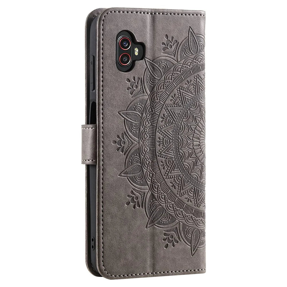 For Samsung Galaxy Xcover6 Pro 5G Mandala Flower Pattern Imprinted Full Protection Wallet Case PU Leather Phone Stand Cover - Grey - 7