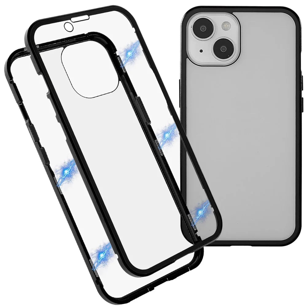 For iPhone 14 Full Body Case Magnetic Tempered Glass Double-Sided Phone Case - Black - 1