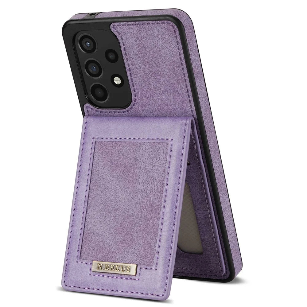 N.BEKUS For Samsung Galaxy A53 5G Anti-fall Phone Case Kickstand RFID Blocking Vertical Card Holder PU Leather+TPU Protective Phone Cover - Purple - 1