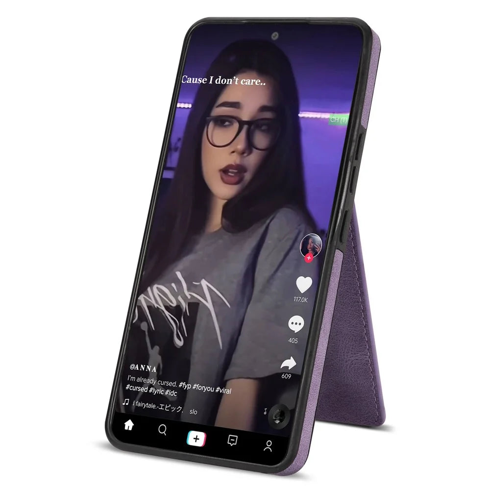 N.BEKUS For Samsung Galaxy A53 5G Anti-fall Phone Case Kickstand RFID Blocking Vertical Card Holder PU Leather+TPU Protective Phone Cover - Purple - 4