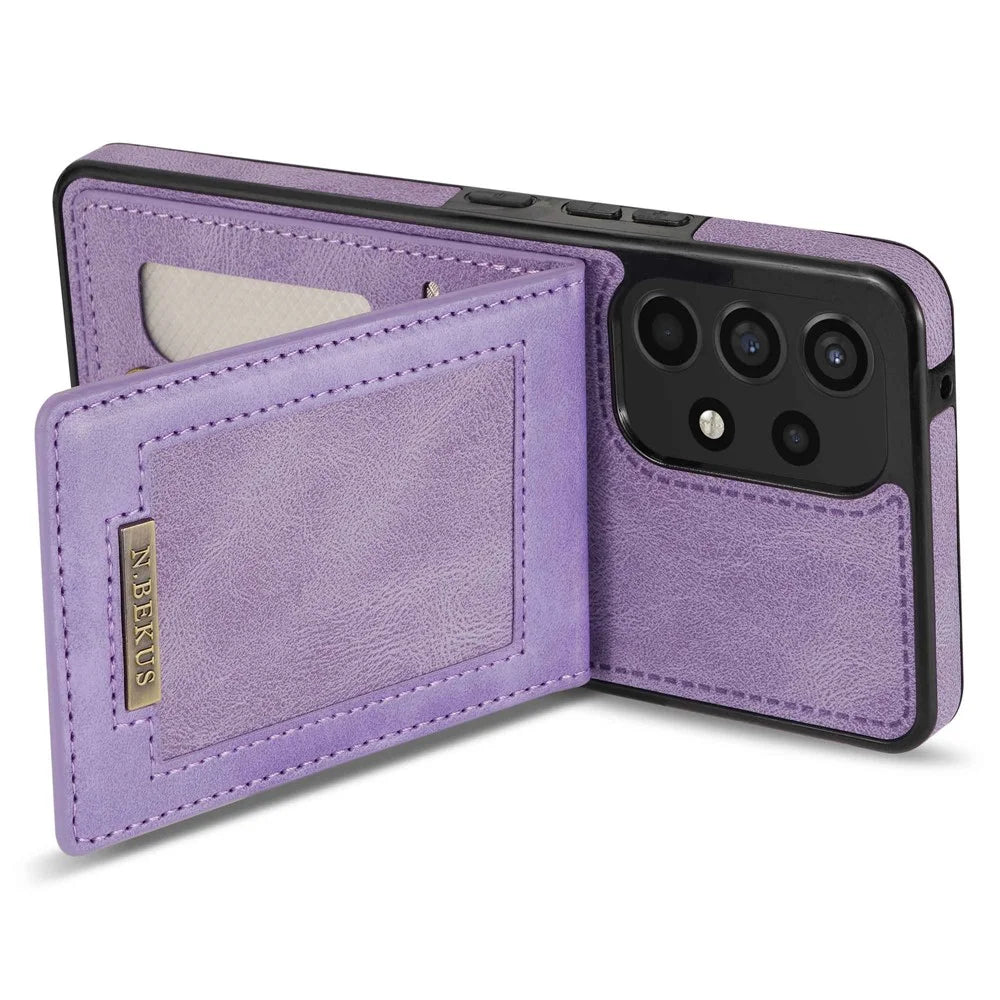 N.BEKUS For Samsung Galaxy A53 5G Anti-fall Phone Case Kickstand RFID Blocking Vertical Card Holder PU Leather+TPU Protective Phone Cover - Purple - 5