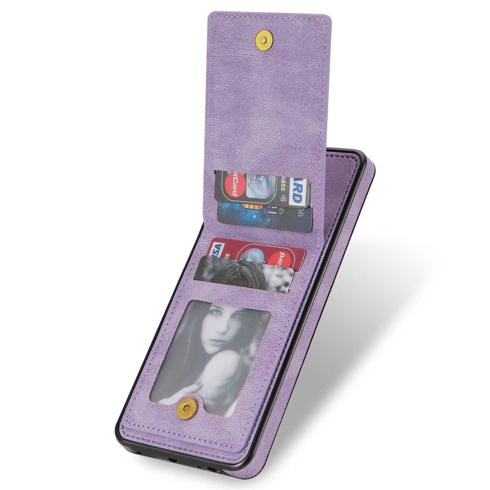 N.BEKUS For Samsung Galaxy A53 5G Anti-fall Phone Case Kickstand RFID Blocking Vertical Card Holder PU Leather+TPU Protective Phone Cover - Purple - 7