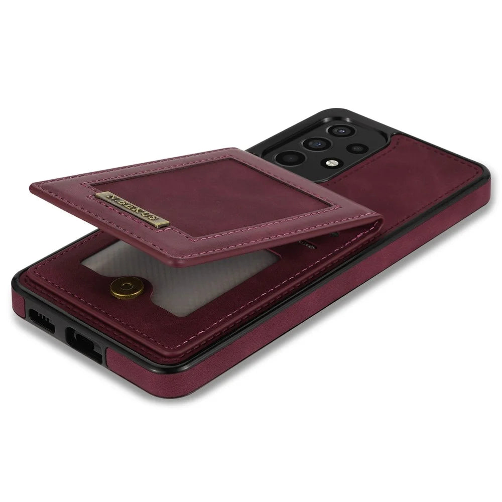 N.BEKUS For Samsung Galaxy A52 4G / 5G / A52s 5G Shockproof Phone Case Vertical Card Holder Kickstand PU Leather+TPU RFID Blocking Phone Cover - Wine Red - 6