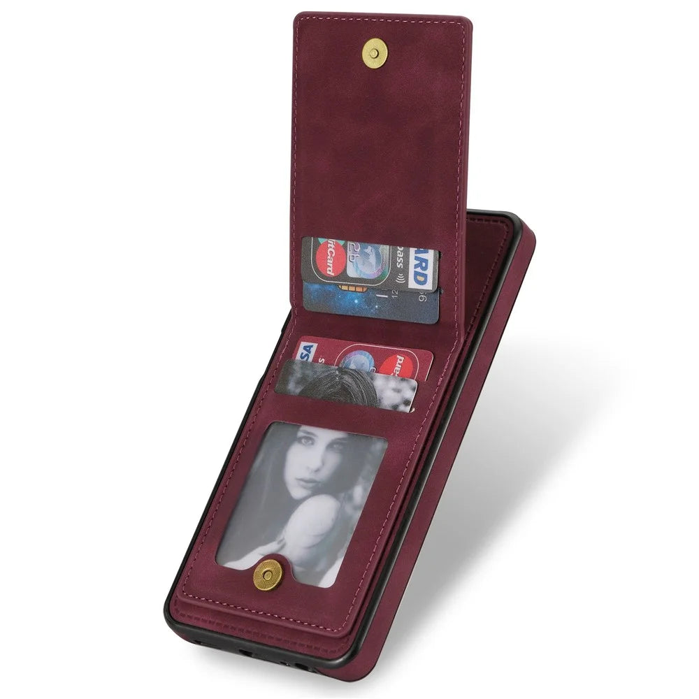 N.BEKUS For Samsung Galaxy A52 4G / 5G / A52s 5G Shockproof Phone Case Vertical Card Holder Kickstand PU Leather+TPU RFID Blocking Phone Cover - Wine Red - 7