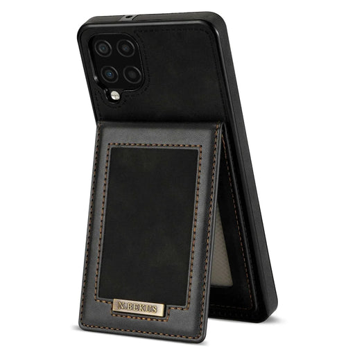 N.BEKUS For Samsung Galaxy A12 Drop-proof Phone Cover Shell Kickstand RFID Blocking Vertical Card Holder PU Leather+TPU Phone Back Case - Black - 1