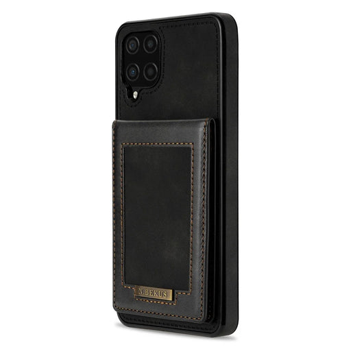 N.BEKUS For Samsung Galaxy A12 Drop-proof Phone Cover Shell Kickstand RFID Blocking Vertical Card Holder PU Leather+TPU Phone Back Case - Black - 2