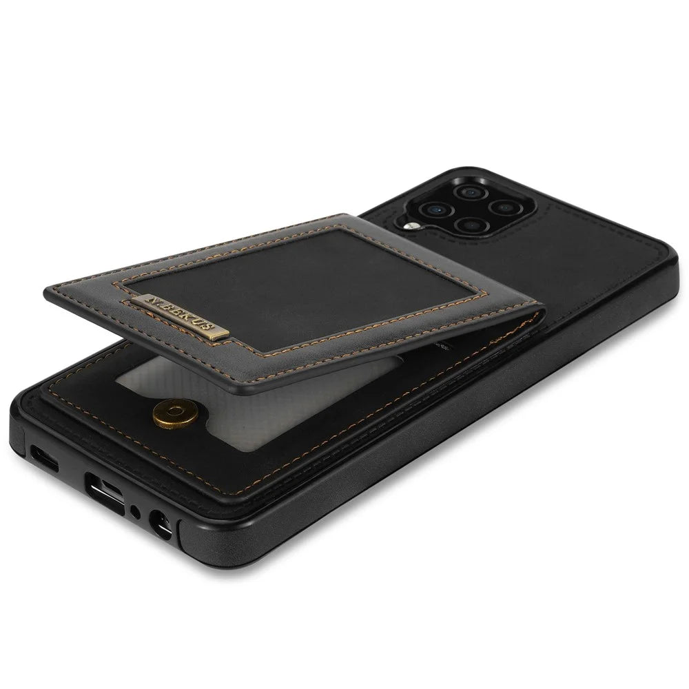 N.BEKUS For Samsung Galaxy A12 Drop-proof Phone Cover Shell Kickstand RFID Blocking Vertical Card Holder PU Leather+TPU Phone Back Case - Black - 6