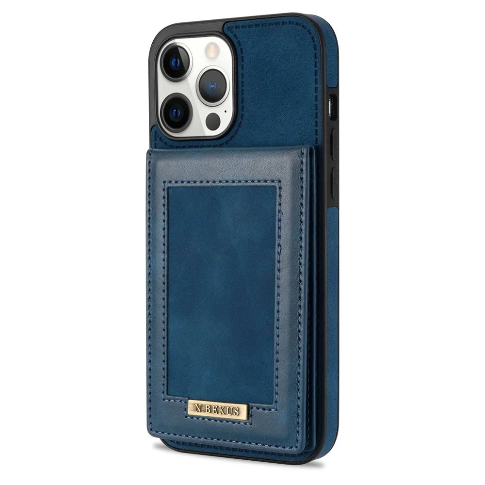 N.BEKUS Phone Case for iPhone 12 Pro Max 6.7 inch, RFID Blocking Vertical Card Holder Kickstand PU Leather+TPU Anti-scratch Phone Back Cover - Blue - 2