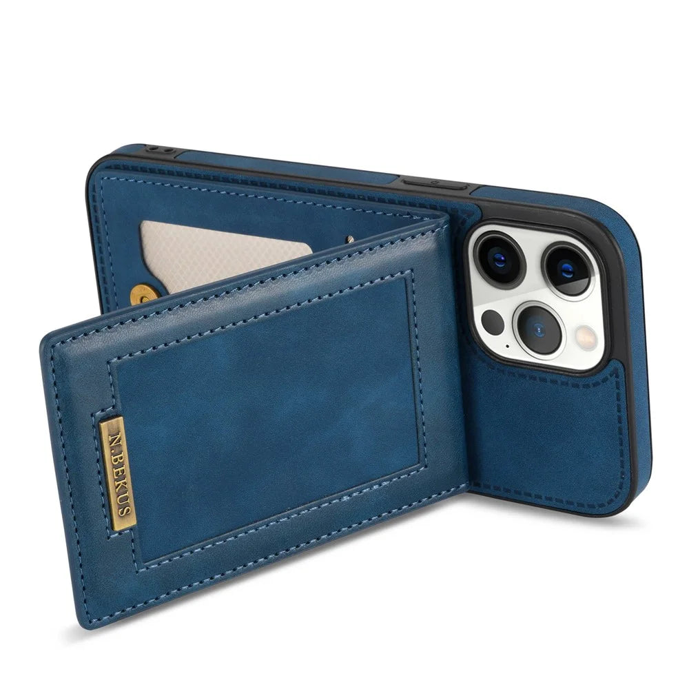 N.BEKUS Phone Case for iPhone 12 Pro Max 6.7 inch, RFID Blocking Vertical Card Holder Kickstand PU Leather+TPU Anti-scratch Phone Back Cover - Blue - 4