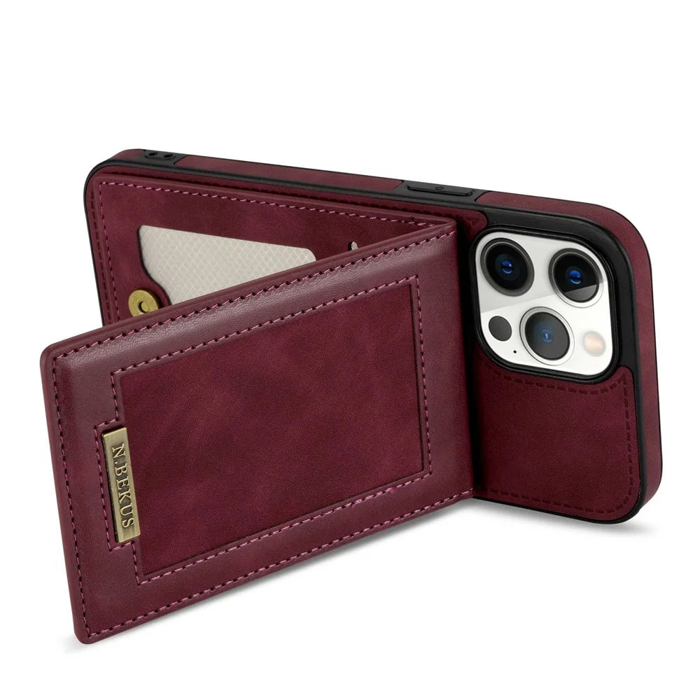 N.BEKUS RFID Blocking Phone Cover for iPhone 12 Pro / 12 6.1 inch, Vertical Card Holder Kickstand Design PU Leather+TPU Phone Case Shell - Wine Red - 3