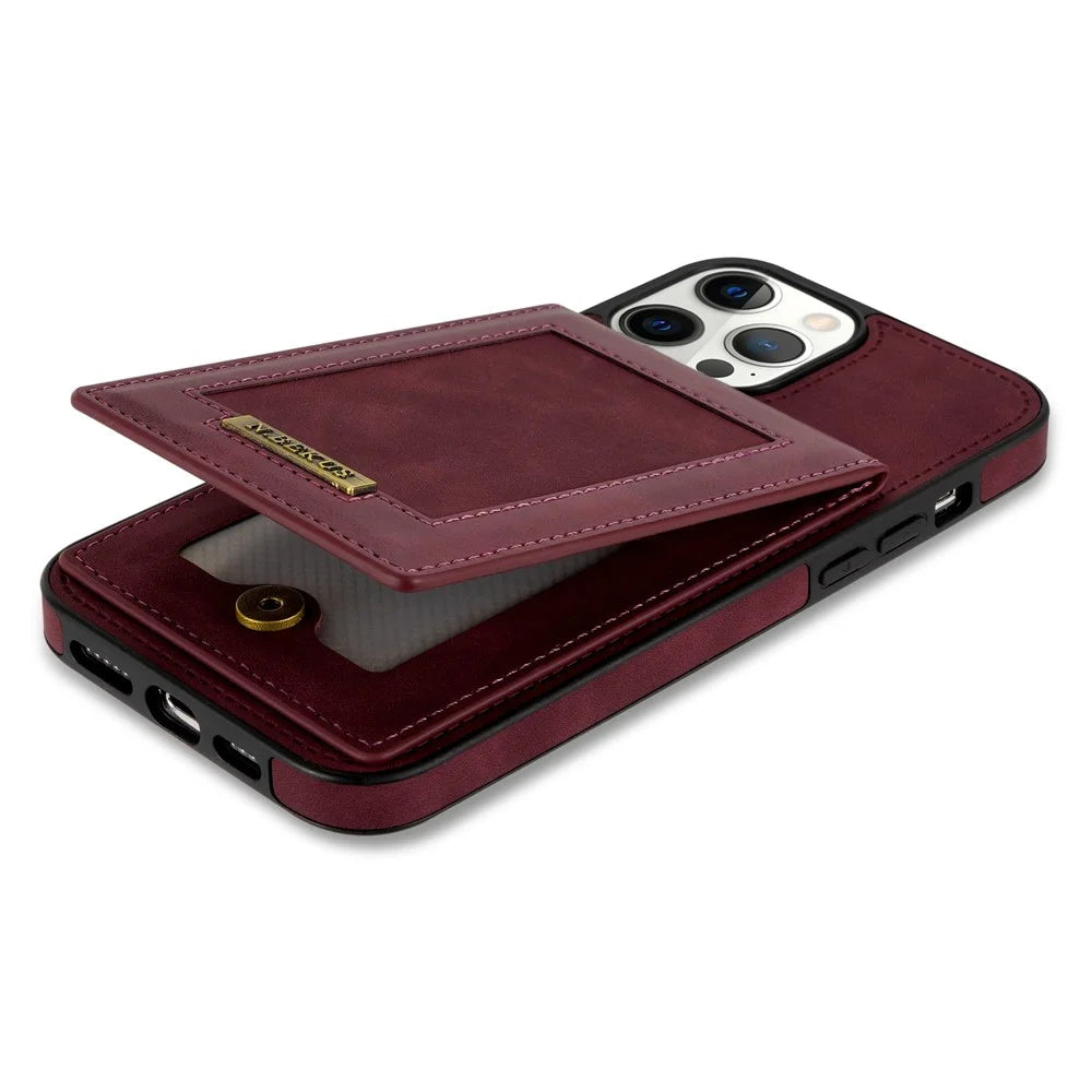 N.BEKUS RFID Blocking Phone Cover for iPhone 12 Pro / 12 6.1 inch, Vertical Card Holder Kickstand Design PU Leather+TPU Phone Case Shell - Wine Red - 4