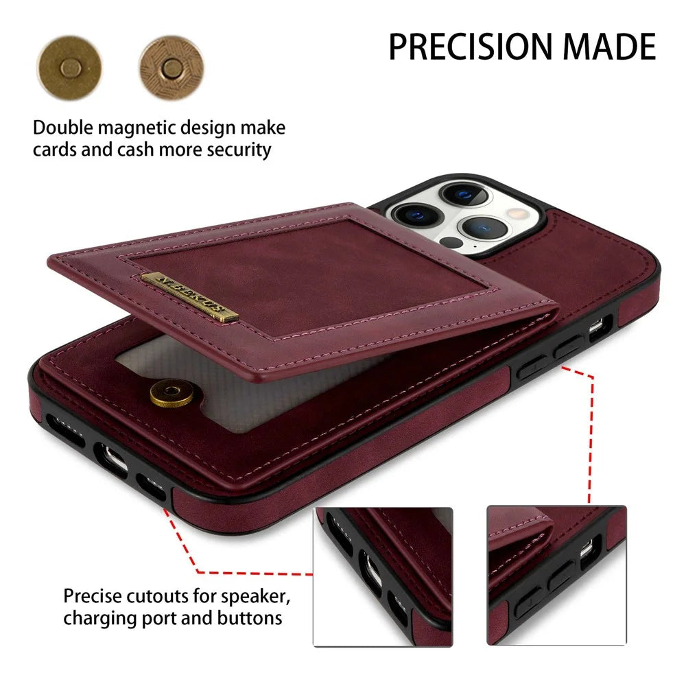N.BEKUS RFID Blocking Phone Cover for iPhone 12 Pro / 12 6.1 inch, Vertical Card Holder Kickstand Design PU Leather+TPU Phone Case Shell - Wine Red - 5