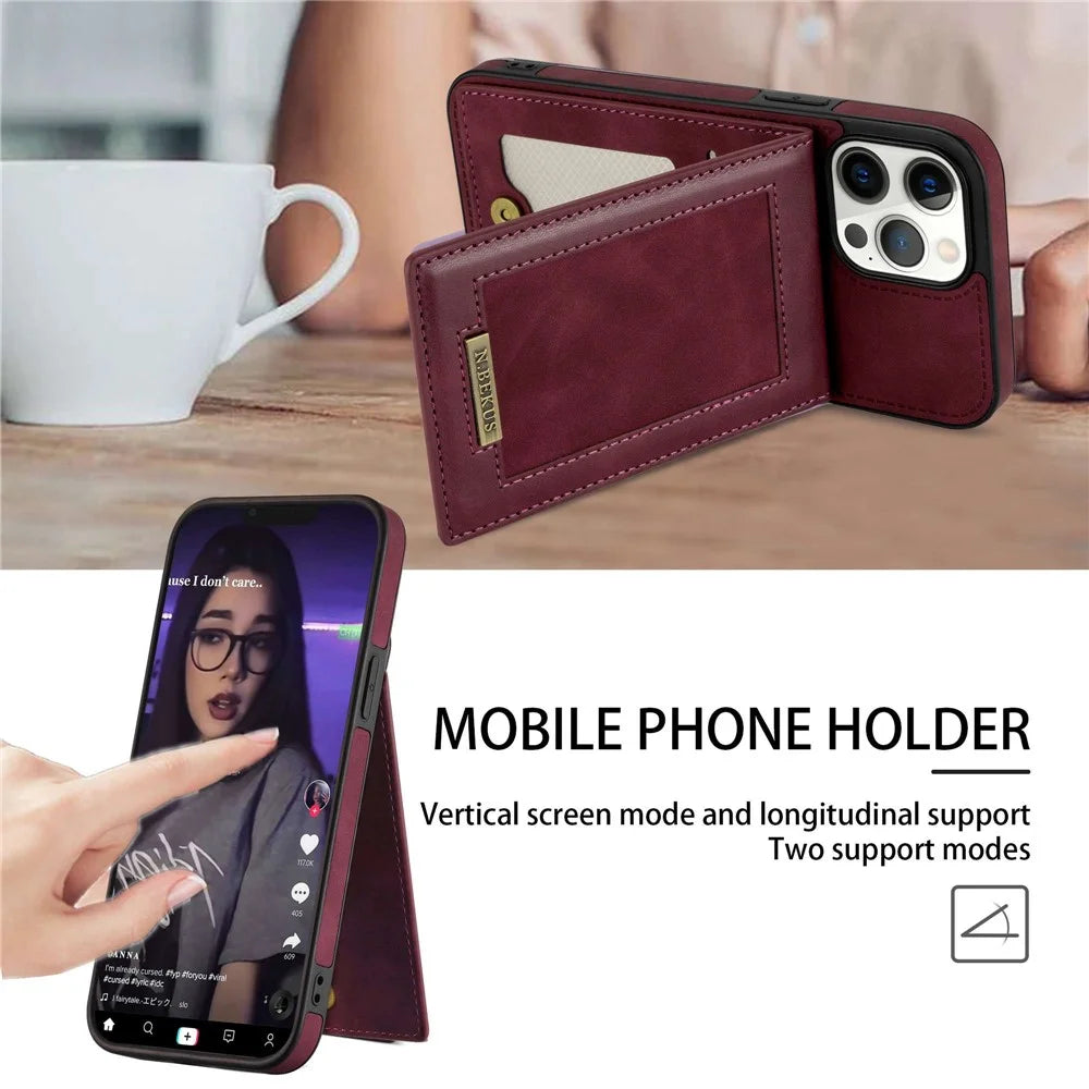 N.BEKUS RFID Blocking Phone Cover for iPhone 12 Pro / 12 6.1 inch, Vertical Card Holder Kickstand Design PU Leather+TPU Phone Case Shell - Wine Red - 6