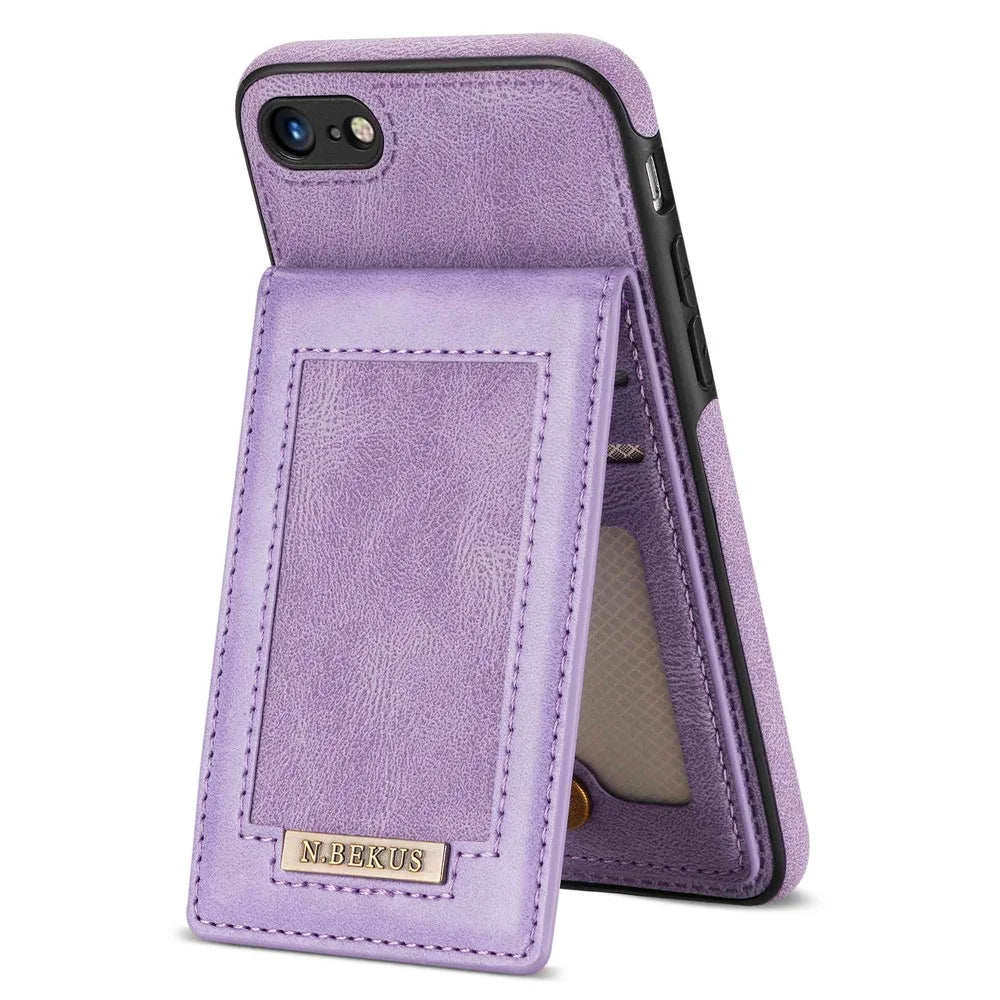 N.BEKUS For iPhone 8  /  7  /  SE (2020)  /  SE (2022) PU Leather+TPU Cell Phone Shell RFID Blocking Vertical Card Holder Kickstand Phone Case - Purple - 1