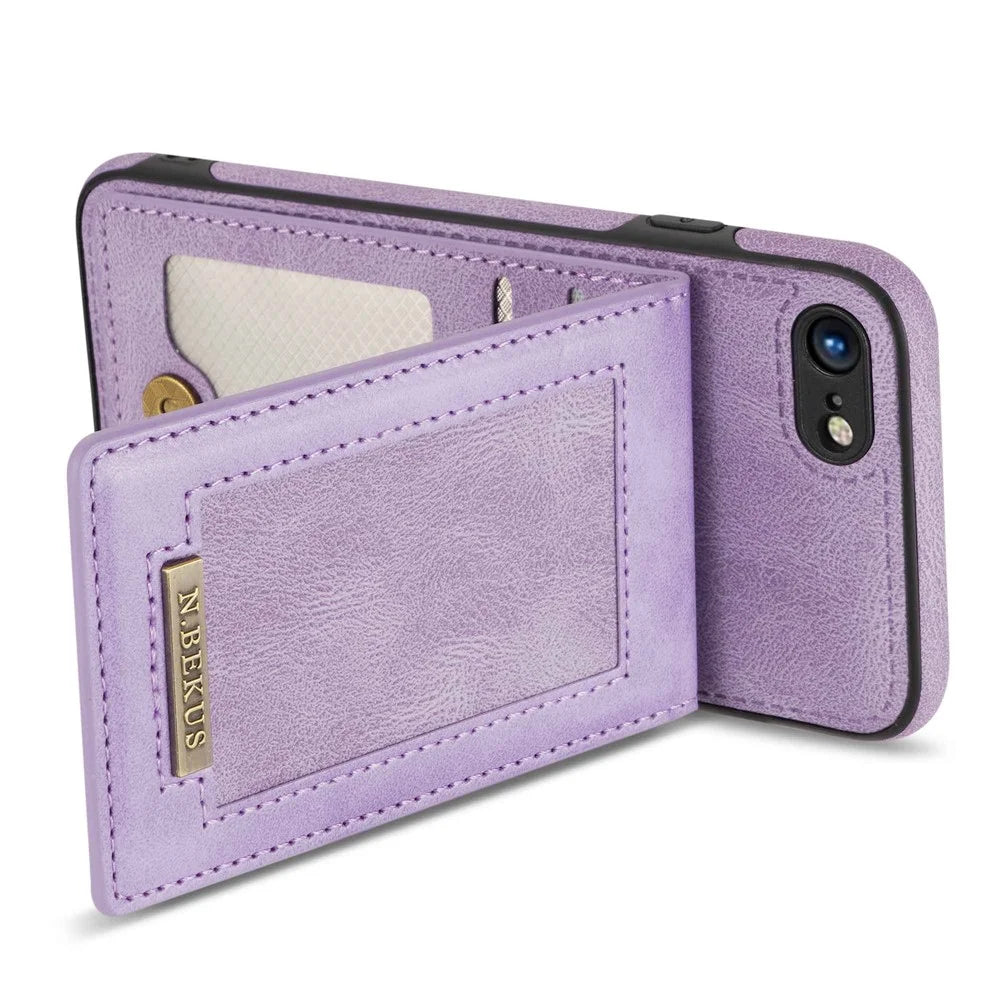 N.BEKUS For iPhone 8  /  7  /  SE (2020)  /  SE (2022) PU Leather+TPU Cell Phone Shell RFID Blocking Vertical Card Holder Kickstand Phone Case - Purple - 4
