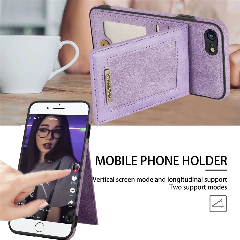 N.BEKUS For iPhone 8  /  7  /  SE (2020)  /  SE (2022) PU Leather+TPU Cell Phone Shell RFID Blocking Vertical Card Holder Kickstand Phone Case - Purple - 5
