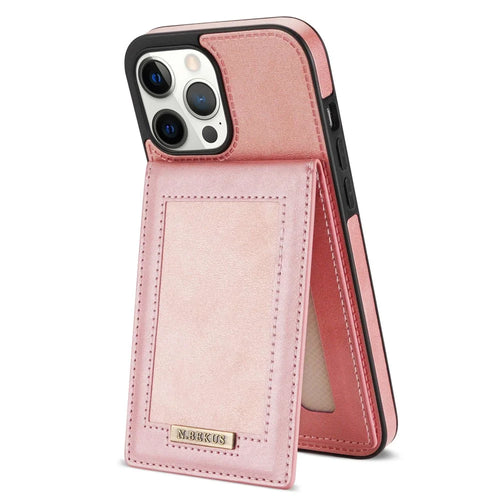 N.BEKUS For iPhone 13 Pro Max 6.7 inch Kickstand Cell Phone Shell RFID Blocking Vertical Card Holder PU Leather+TPU Phone Back Case - Rose Gold - 1