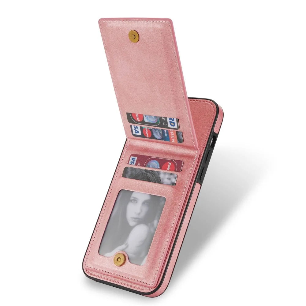 N.BEKUS For iPhone 13 Pro Max 6.7 inch Kickstand Cell Phone Shell RFID Blocking Vertical Card Holder PU Leather+TPU Phone Back Case - Rose Gold - 2