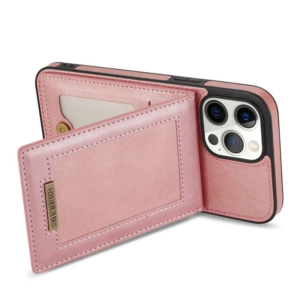 N.BEKUS For iPhone 13 Pro Max 6.7 inch Kickstand Cell Phone Shell RFID Blocking Vertical Card Holder PU Leather+TPU Phone Back Case - Rose Gold - 3