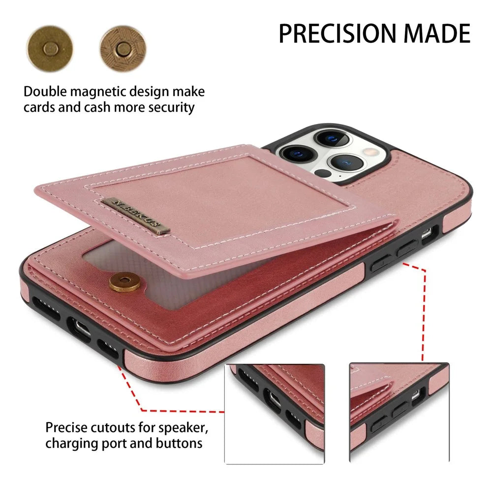 N.BEKUS For iPhone 13 Pro Max 6.7 inch Kickstand Cell Phone Shell RFID Blocking Vertical Card Holder PU Leather+TPU Phone Back Case - Rose Gold - 5