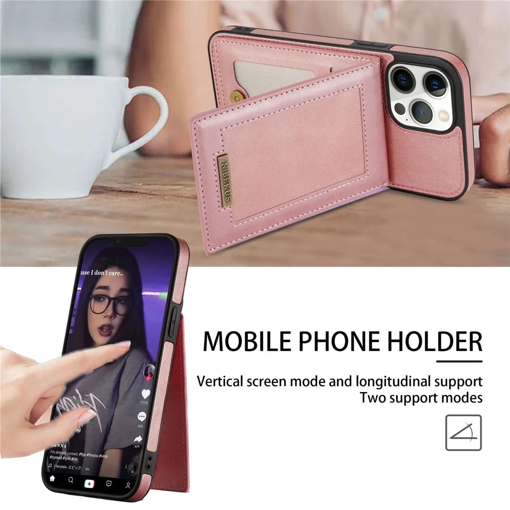 N.BEKUS For iPhone 13 Pro Max 6.7 inch Kickstand Cell Phone Shell RFID Blocking Vertical Card Holder PU Leather+TPU Phone Back Case - Rose Gold - 6