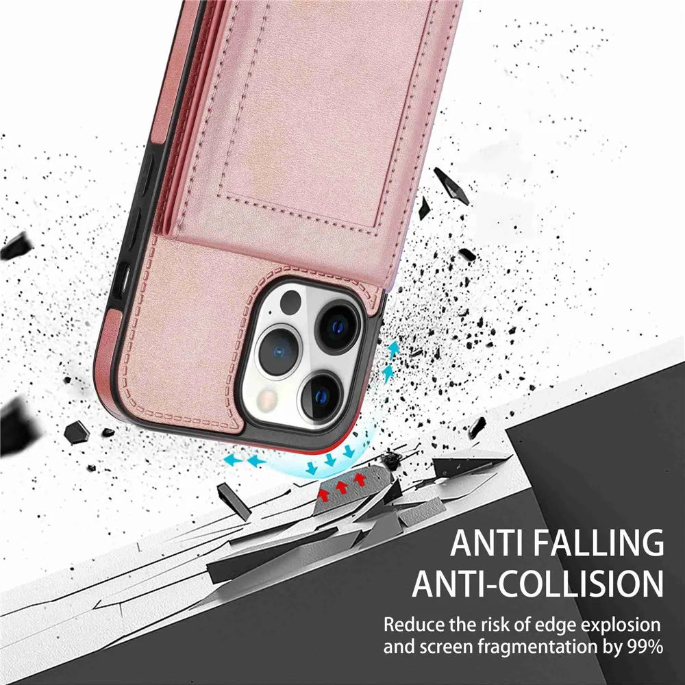 N.BEKUS For iPhone 13 Pro Max 6.7 inch Kickstand Cell Phone Shell RFID Blocking Vertical Card Holder PU Leather+TPU Phone Back Case - Rose Gold - 7