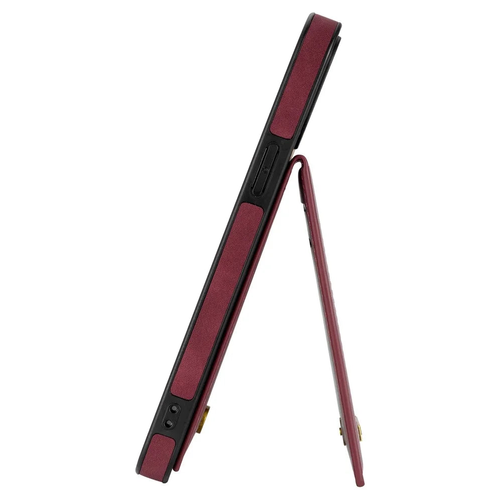 N.BEKUS RFID Blocking Phone Case for iPhone 13 Pro 6.1 inch, Vertical Card Holder Kickstand Design PU Leather and TPU Phone Cover - Wine Red - 4